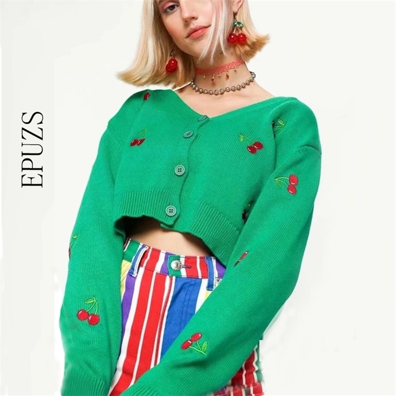

Vintage Cherry embroidery cardigans sweater women korean Women knitted coat 210521, Army green
