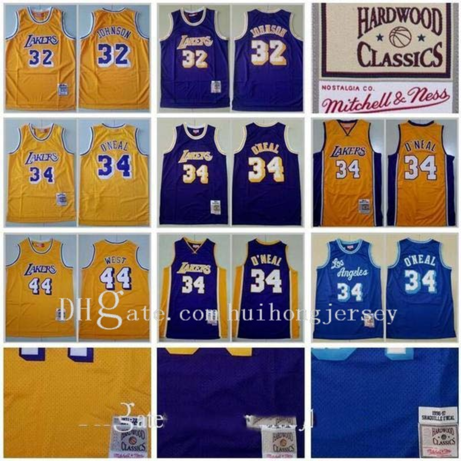 

Mitchell and Ness Basketball Jersey 34 Shaquille ONeal O Neal 44 Jerry West 32 Johnson Yellow Purple Blue Team Color Throwback Vintage S-2XL, Black;red