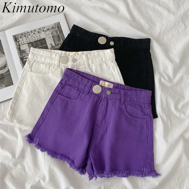 

Kimutomo Solid Jeans Women's Summer Hong Kong Style Leisure High Waist Pockets Button Wide Leg Short with Chic Edge 210521, Black