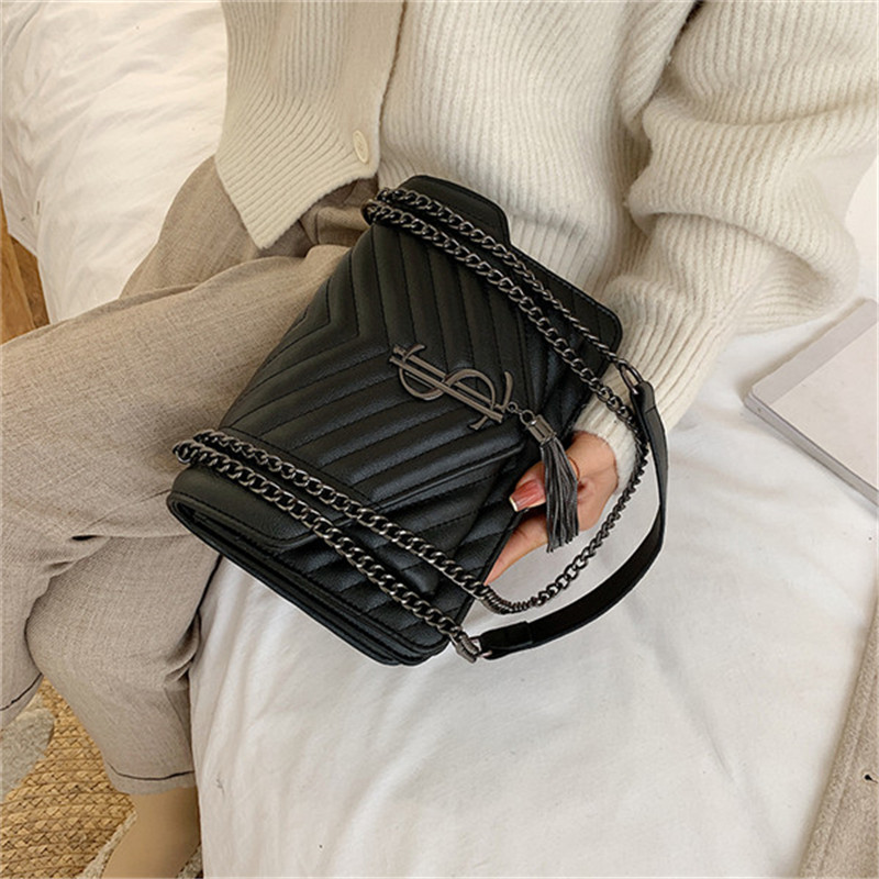

luxury handbags women bags designer 2021 women leather messenger bag sac a main tassel chains shoulder bag female Dinner Bag Black, 05