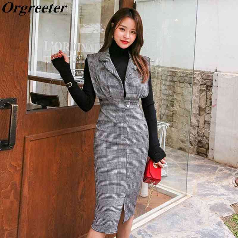 

Korean Fashion Women Sleeveless Work Dress Spring Plaid Print Vest Turn Down Collar Bodycon Pencil Split OL 210525, Gray