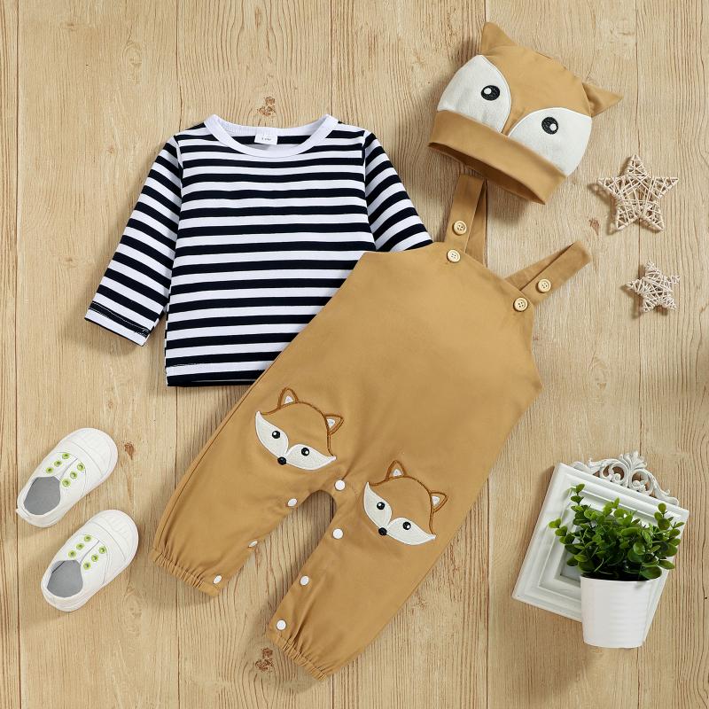 

Clothing Sets Autumn 2Pcs Baby Boys Girls Overall Toddlers Stripes Long Sleeve T-shirt Embroidery Overalls With Hat Outfits, White