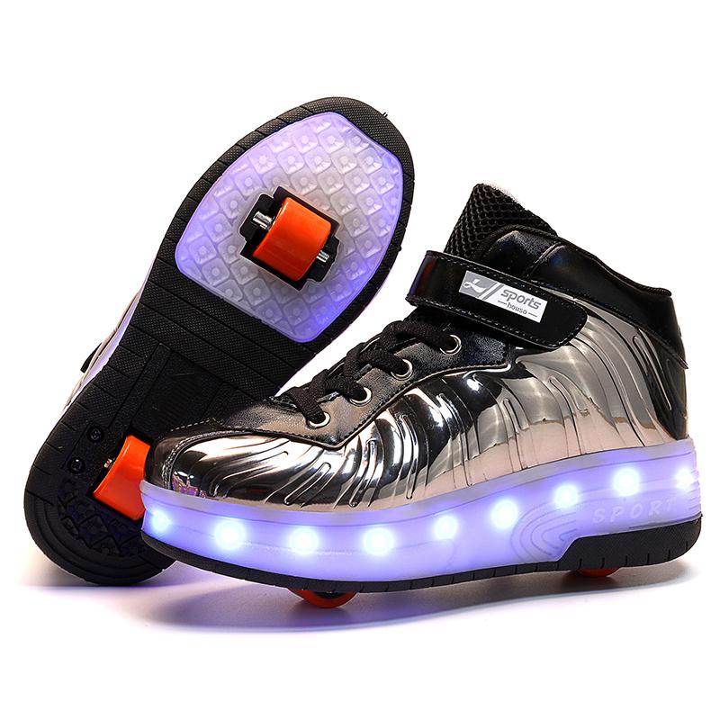 

Sneakers Children Two Wheels Luminous Glowing Black Red Pink Led Light Roller Skate Shoes Kids Boys Girls USB Charging, Fluorescent yellow