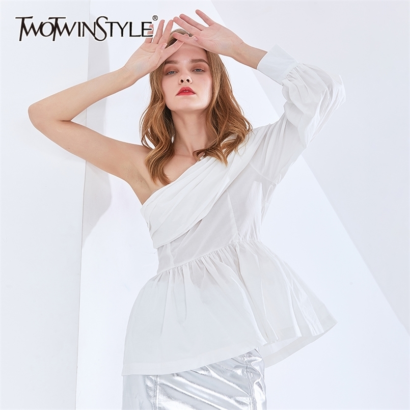 

Asymmetrical Elegant Blouse For Women Skew Collar Long Sleeve Chic White Shirt Female Fashion Clothing Spring 210524