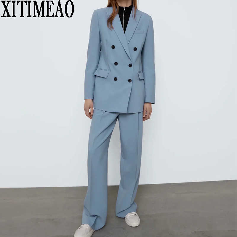 

ZA Women Fashion Office Wear Double Breasted Blazers Coat Vintage Long Sleeves Outerwear And High waist casual pants 2-piece Set 210602, Trousers