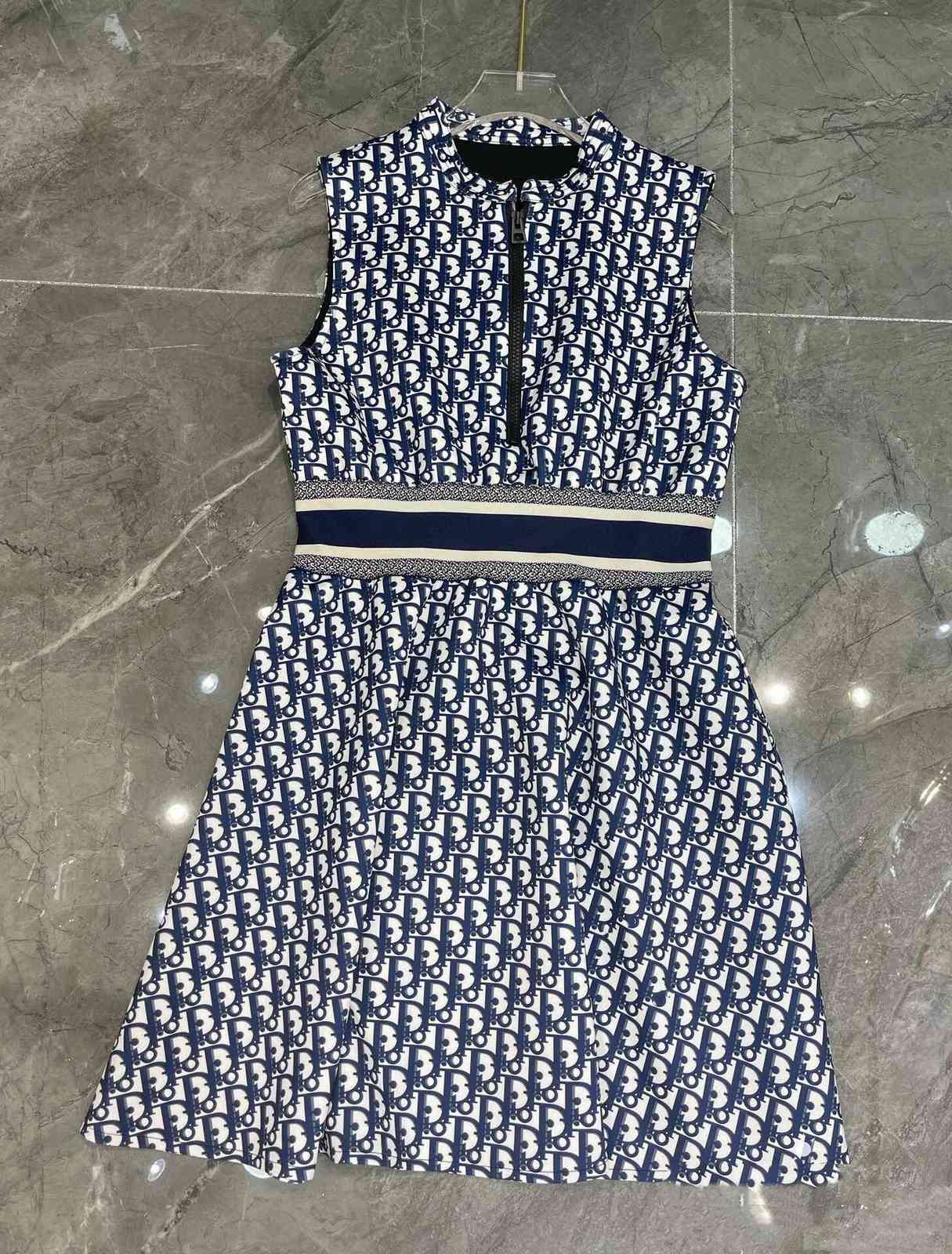 

New summer sleeveless d-letter print slim dress waist ribbon letter, Navy blue