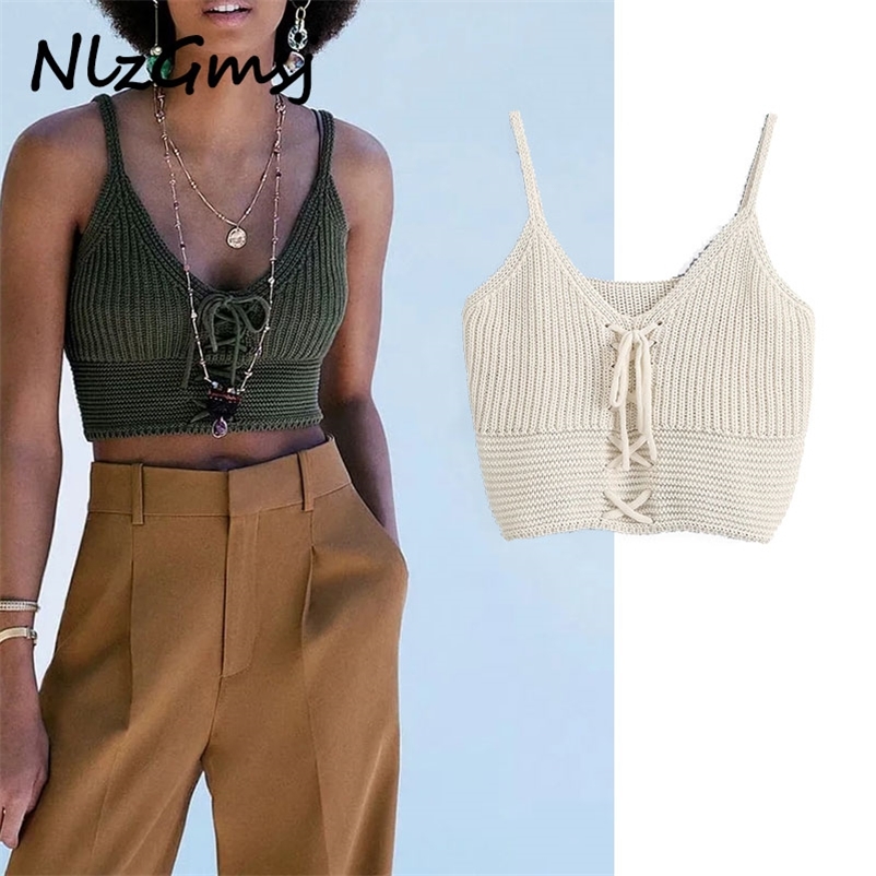 

women lace up knit camis top spaghetti strap sleeveless backless short blouses shirts female casual solid tops 210628, White