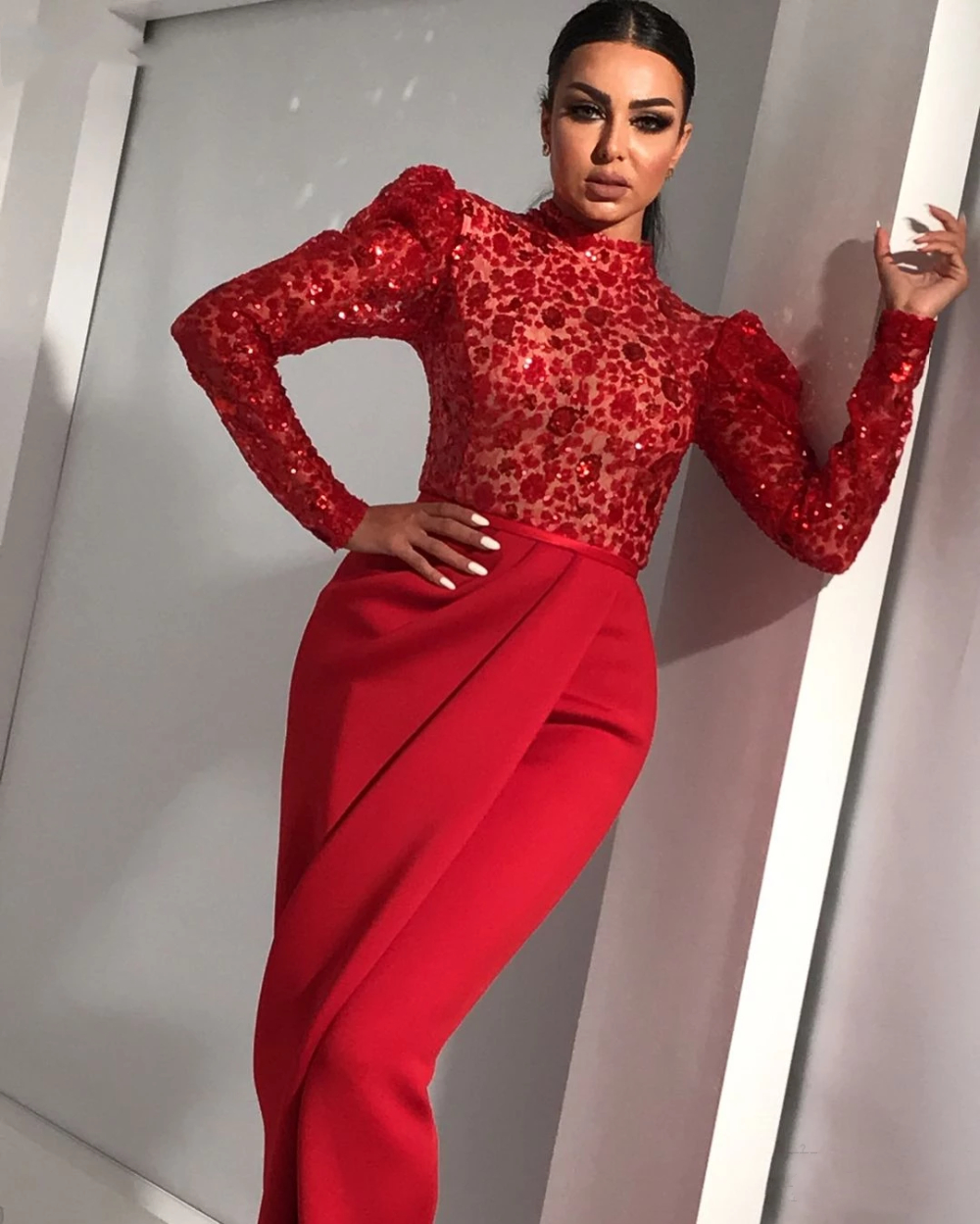 Long Sleeve Red Mermaid Evening Dresses Floor Length 2022 High Neck Sparkle Sequins Satin Sexy Special Occasion Gowns Arabic African Women Prom Dres
