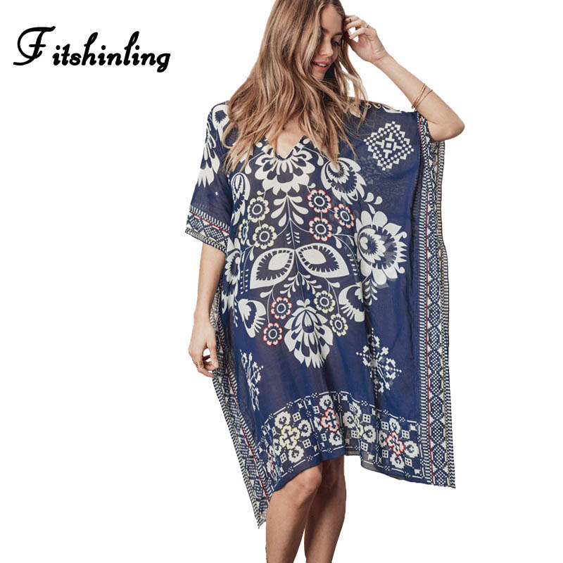 

Fitshinling Vintage print floral oversized chiffon beach dresses cloak sleeve v ne hollow out summer dresses women sexy pareos
