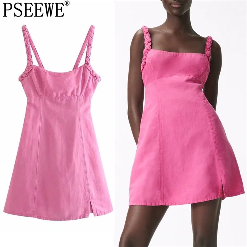 

Dress Woman Pink Linen Slip Mini Women Backless Ruched Strap Short Summer es Bow Tied Sexy es 210519