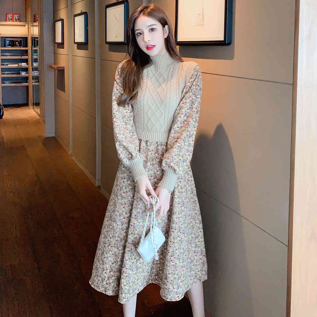 

Spring Autumn Women Long Printed Dress Plus Size Vintage Elegant Sleeve O-neck Slim Knitted Patchwork Dresses Korean 210518, Beige