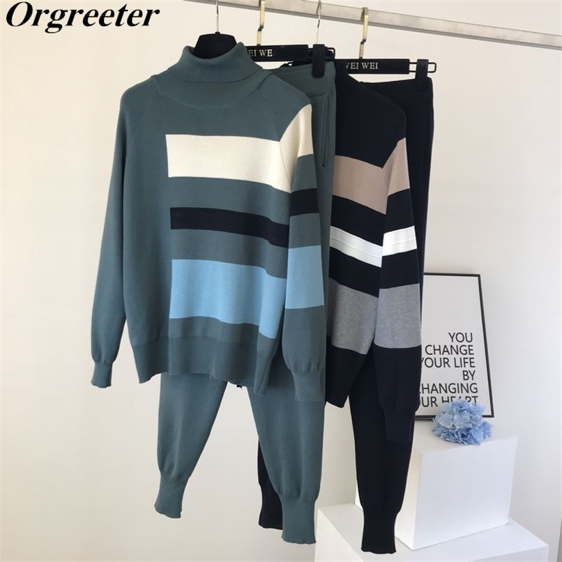 

Free Women Hit color Striped Knitted Tracksuits Warm Turtleneck Sweater+ Trousers 2 Pieces Sets Outfits Female 210602, Brown