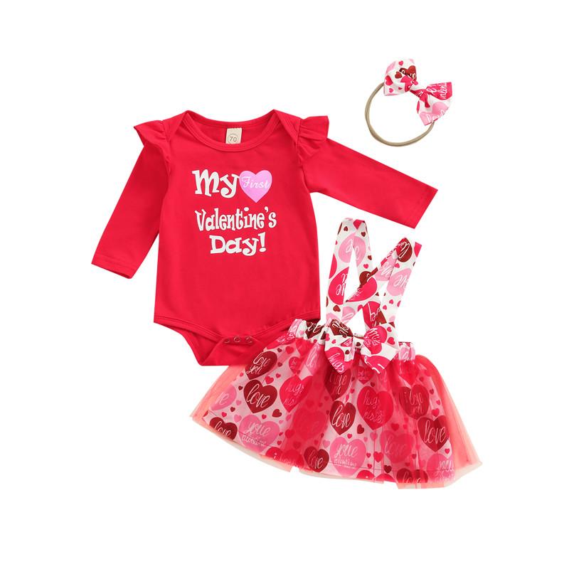 

Clothing Sets 0-18m Baby Girls 3pcs Valentines' Day Outfits Romper + Heart Print Suspenders Skirt Head Rope Set For Toddlers, White