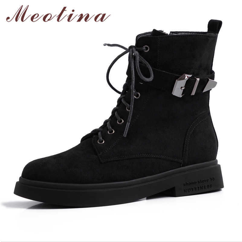 

Meotina Winter Motorcycle Boots Women Boots Buckle Flat Ankle Boots Zipper Round Toe Shoes Female Autumn Black Plus Size 34-43 210608