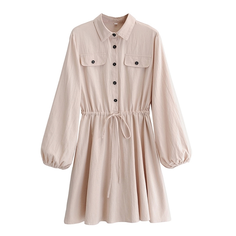 

Summer Women Mini Dress Long Ladies' Turn-down Collar Sleeve Solid Color Dresses Female Streetwear 210524, Beige