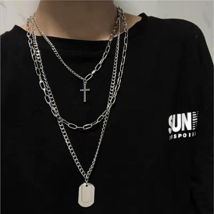

Chains Hip Hop Punk Layered Chain Necklace Silver Crucifix Tag Pendant Goth Grunge Style Choker 2000s Aesthetic Y2k Cool Girl Jewelry