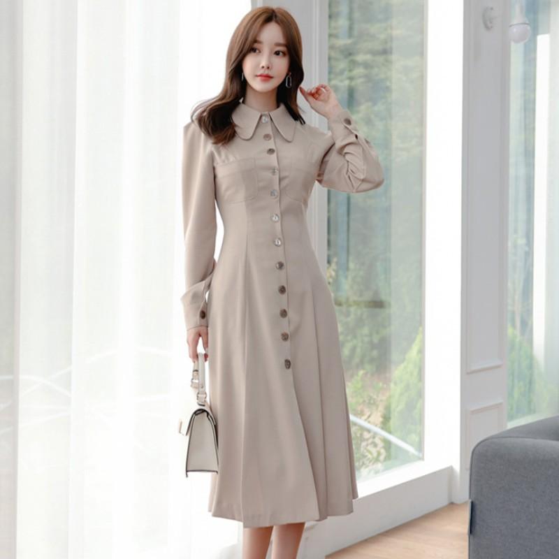 

Casual Dresses 2021 Korean Elegant Lady Party Dress Vintage Office OL Single-Breasted Slim Midi Female Robe, Black;gray