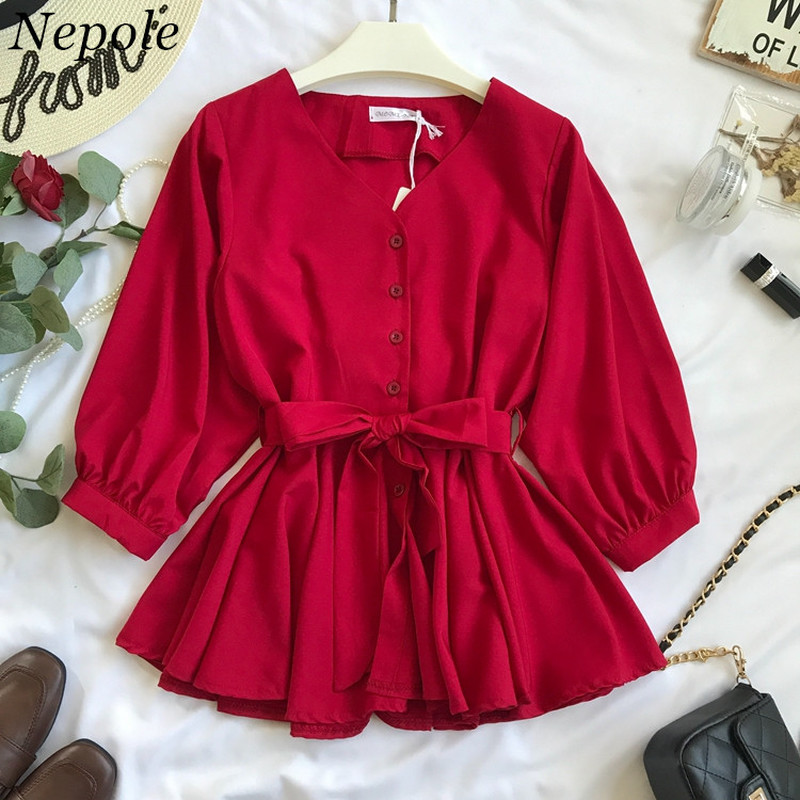 

Neploe Sashes V-Neck Pleated Women Shirt Spring Autumn Fashion Simple Sweet Top 2021 Modis Solid Single Breasted Blouse 69659, Red