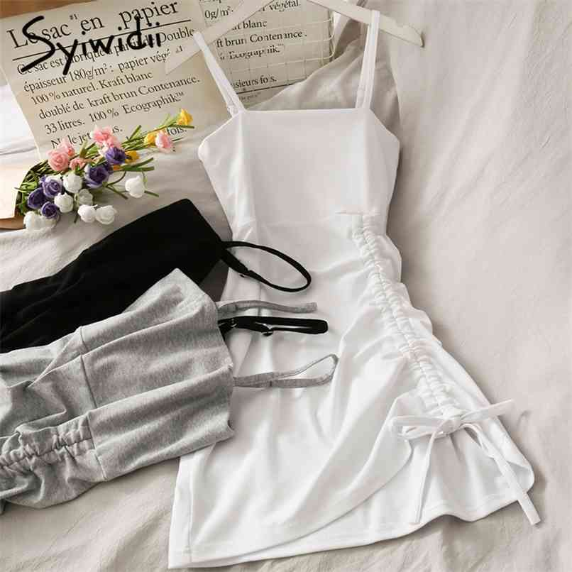 

Sexy Spaghetti Strap Mini Dress for Women Drawstring Folds A-line Party Black White Summer Fashion Sundress 210607, Gray