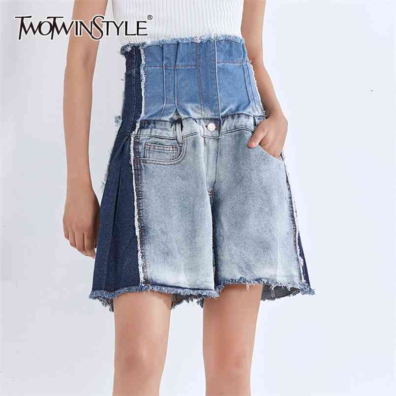 

Casual Hit Color Denim Short For Women High Waist Patchwork Pocket Wide Leg Shorts Female Summer Fashion Style 210521, Blue