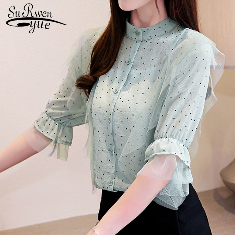 

Summer Fashion Women Chiffon Blouses Casual Dot Solid Elegant Tops Short Sleeve Stand Collar Clothing 5467 50 210521, Apricot