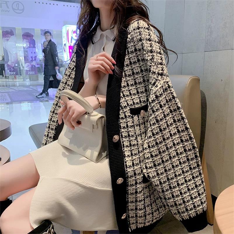 

QNPQYX Women Sweater Jacket 2021 Oversized Knitted Cardigans Loose Plaid Jumpers Korean Clothing Robe Long Elegnat Female Coat, Green