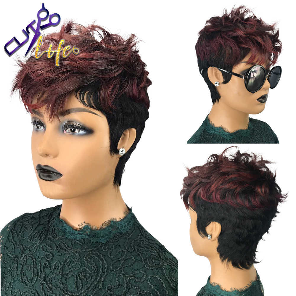 

Peruvian Human Hair Wig With Bangs For Black Women Burgundy 99J Ombre Color Short Wavy Bob Pixie Cut Full Machine None Lace Wig S0827, Mix color