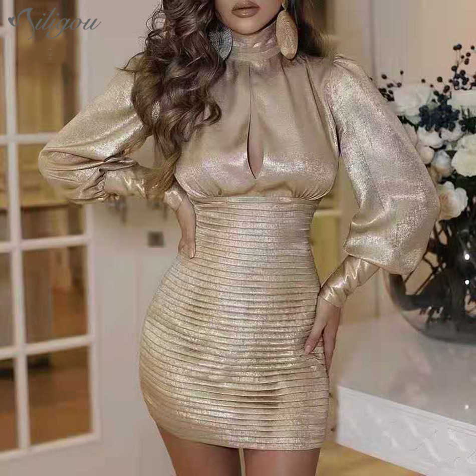 

Women Summer Fashion Sexy Lantern Sleeve Hollow High Neck Gold Ladies Mini Dress Elegant Party Vestidos 210527