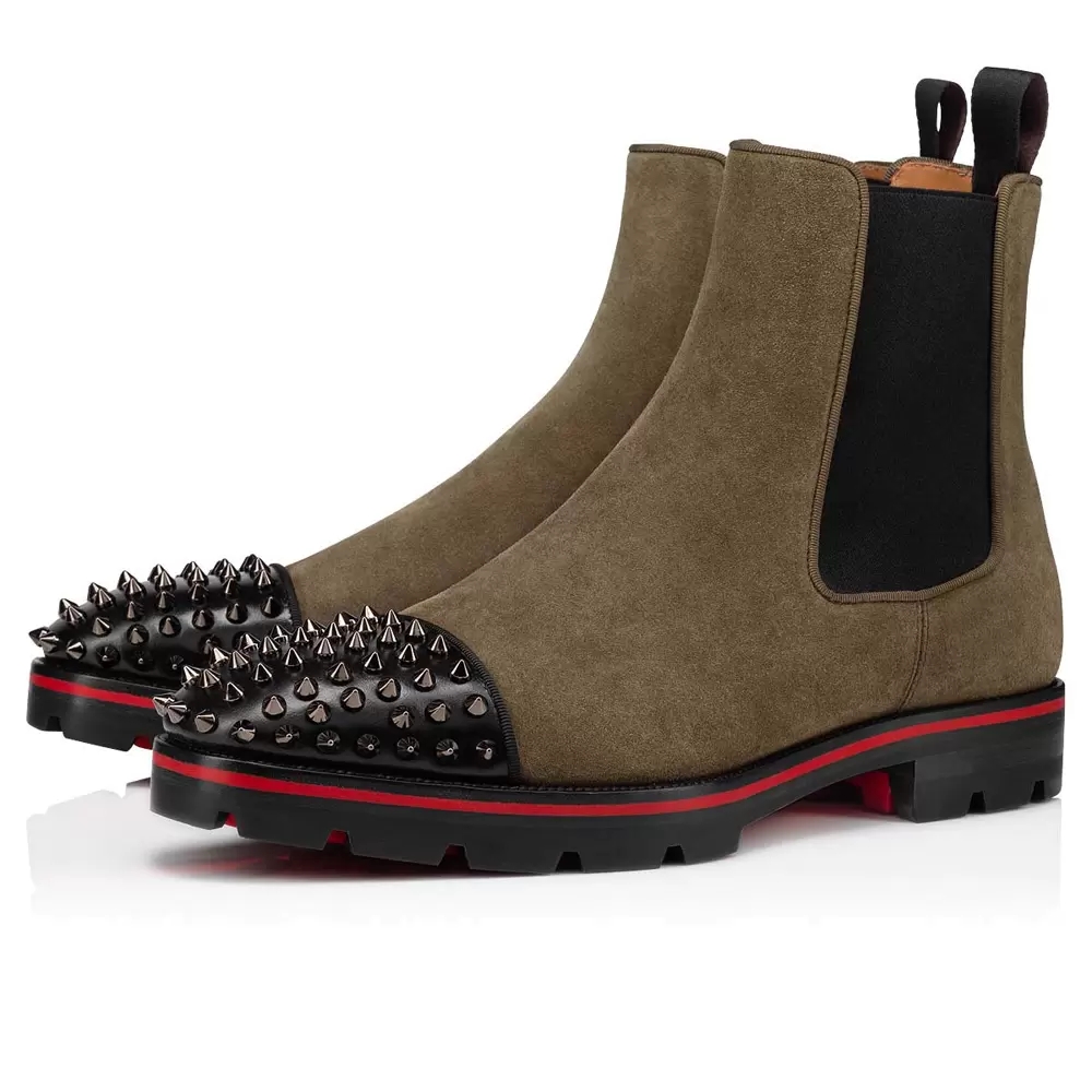 

Luxury Famous Dress Shoes Men Women Ankle Boots Red Bottom Melon Spikes Flat Boot Suede Calfskin Rubber Lug Sole Unisex Casual Booty Party W, Black