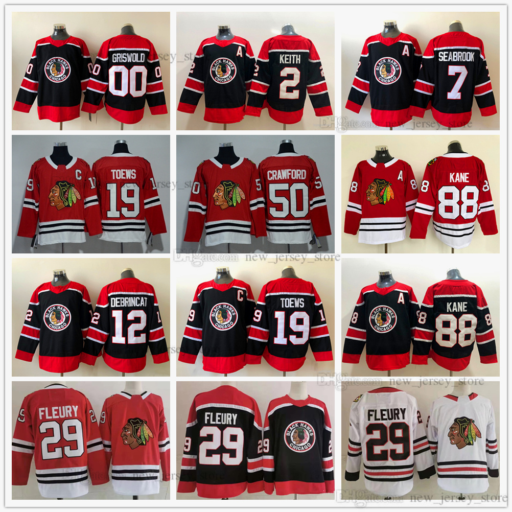 

2021 Reverse Retro Hockey 29 Marc-Andre Fleury Jerseys 19 Jonathan Toews 88 Patrick Kane 00 Clark Griswold Alex DeBrincat Sharp Keith Crawfo, Black;red