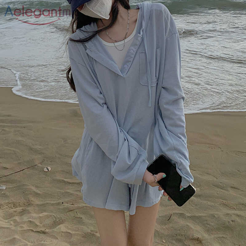 

Aelegantmis Women 2 Piece Sets Solid Hooded Full Sleeve Loose Shirts Elastic High Waist Wide Leg Shorts Cozy Korean Sport Suit 210607, Gray