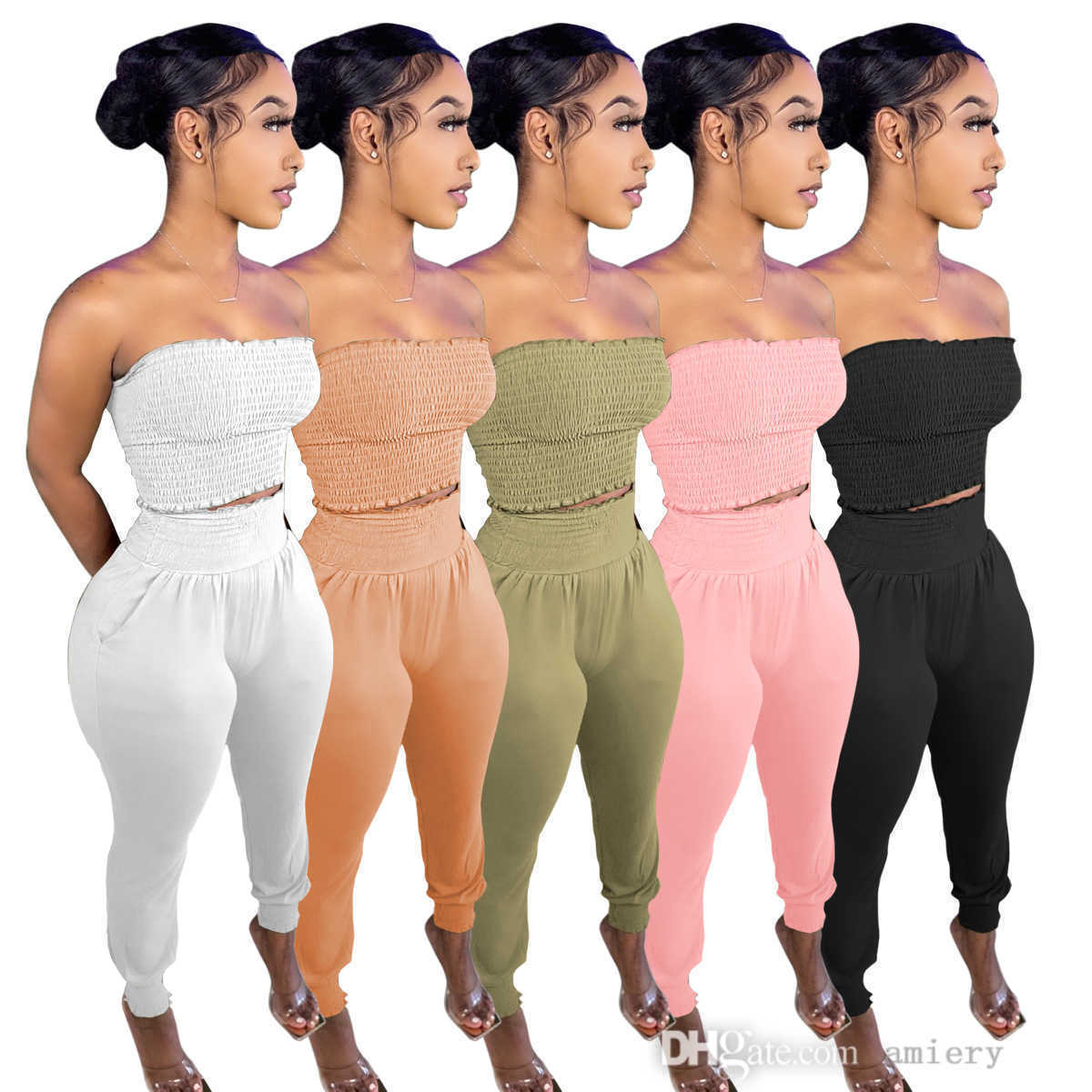 

Women Two Pieces Pants Set Solid Color Craft Bra Tops And Long Pants Casual One Shoulder Suit Sexy Fashion Sports Leggings Tracksuits, Light orange