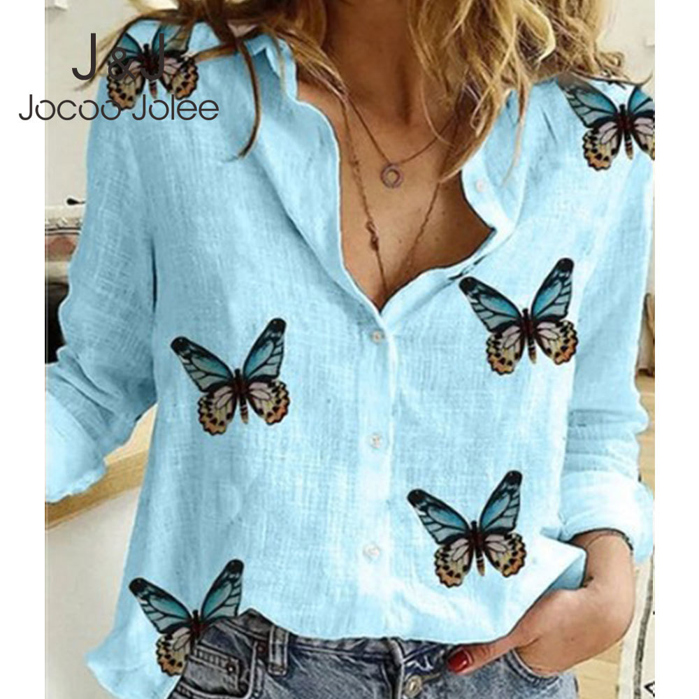 

Jocoo Jolee Women Elegant Butterfly Floral Print Tops and Blouses Autumn Long Sleeve Casual Loose Shirt Vintage Cotton Tunic 210518, As photo