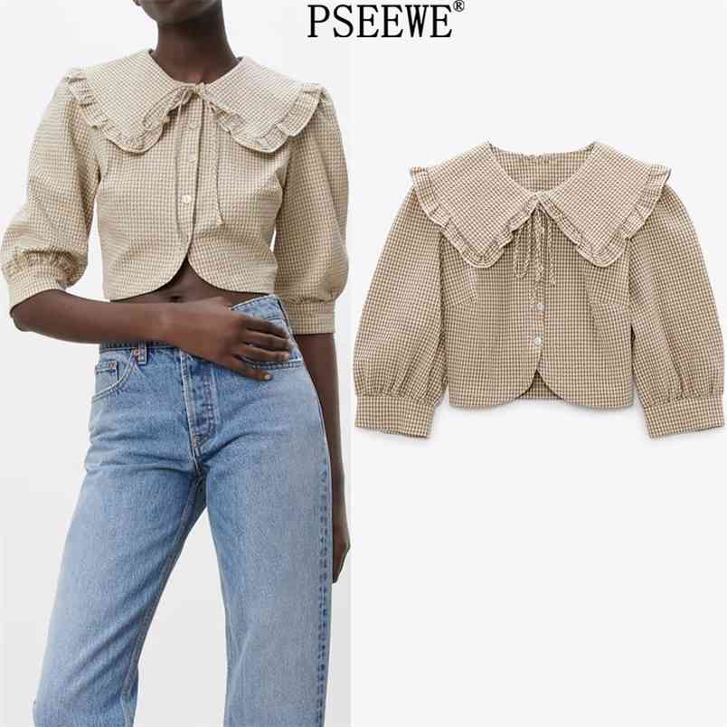 

Textured Plaid Crop Top Summer Female Ruffle Puff Sleeve Chic Woman Blouse Bow Tied Button Up Cute Women Tops 210519, Khaki