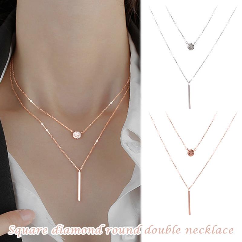 

Charms Ly Rectangle Rhinestone Round Double Layer Necklace Female Clavicle Chain Women Simple Temperament Jewelry M99, Bronze;silver