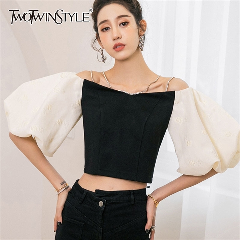 

Hit Color Patchwork Diamond Shirt For Women Slash Neck Puff Sleeve Elegant Short Tops Female Fashion Summer 210524, Black