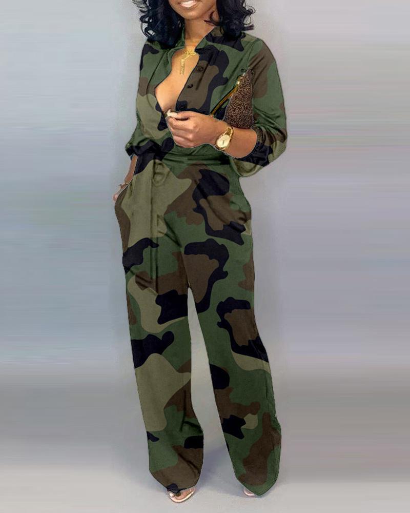 

Women' Jumpsuits & Rompers Camouflage Print Sexy One Piece Fall 2021 Long Sleeve Deep V Neck Button Up Party Club Womens Jumpsuit, Green