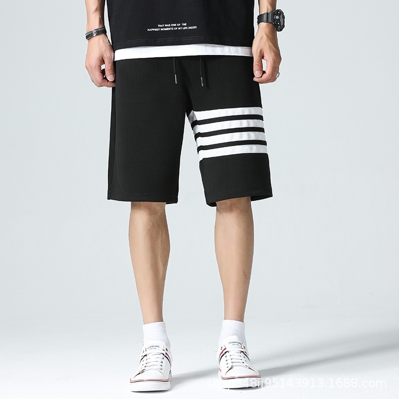 

TB waffle men's shorts beach pants four bars youth Capri live fashion, 568 black