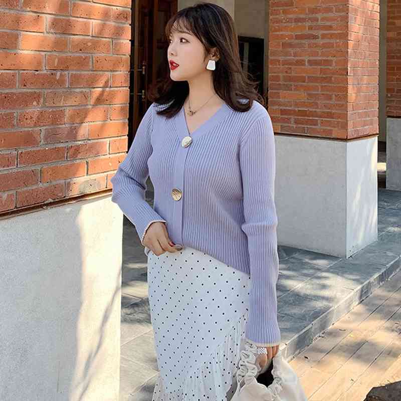 

Autumn Pullover Sweater Women Casual Loose V Neck Long Sleeve Knitted Jumper Elegant Female Solid Button Bottoming 210526, Coffee