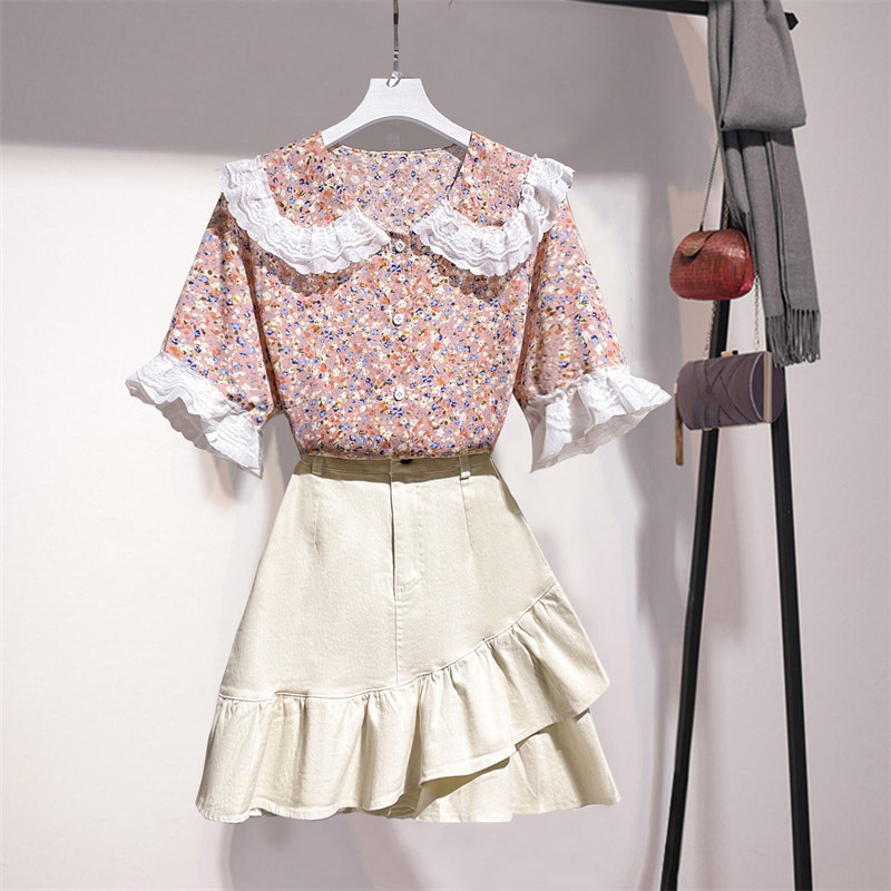 

Suit female summer style doll collar floral shirt high waist short skirt half-length fashion two-piece suit 210525