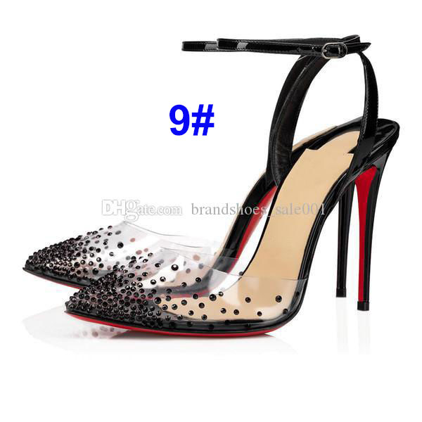 

Women Shoes Red Bottom High Heels Flat PVC Pointed Toe Spikes Leather Sandals Ankle Strap 8cm 10cm 12cm, 1#
