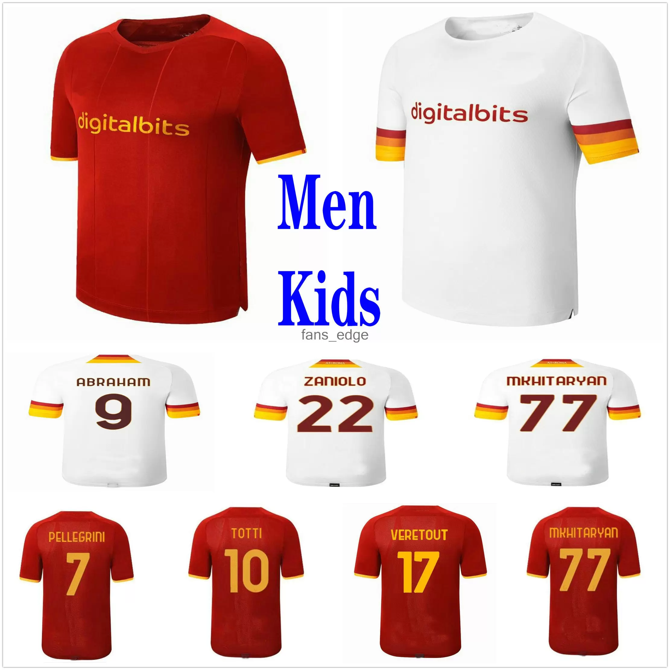 Pastore Jersey Soccer Jersey Abraham Zaniolo Roma Rome Totti Kluivert Kolarov comme 21 22 Chemise de football 2021 2022 Hommes + Kit Kit Uniforme