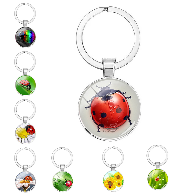 

Green Plant And Red Ladybug Keychain Spring Natural Flower Insect Round Boyfriend Gift Jewelry Keychai