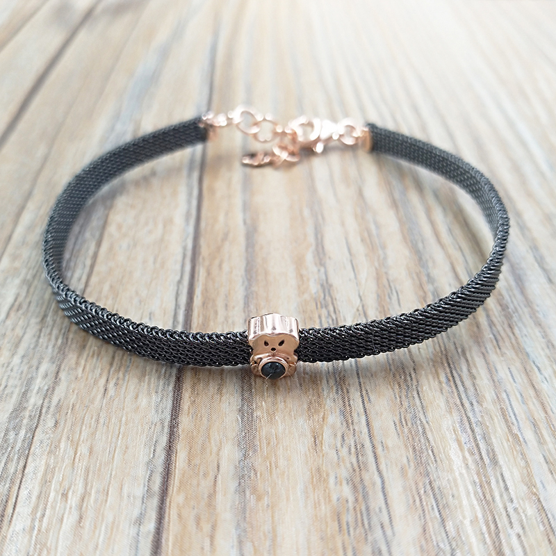 

Authentic 925 Sterling Silver bracelets Fine Black Ip Steel And Rose Gold Vermeil Real Sisy Bracelet With Onyx Fits European bear Jewelry St