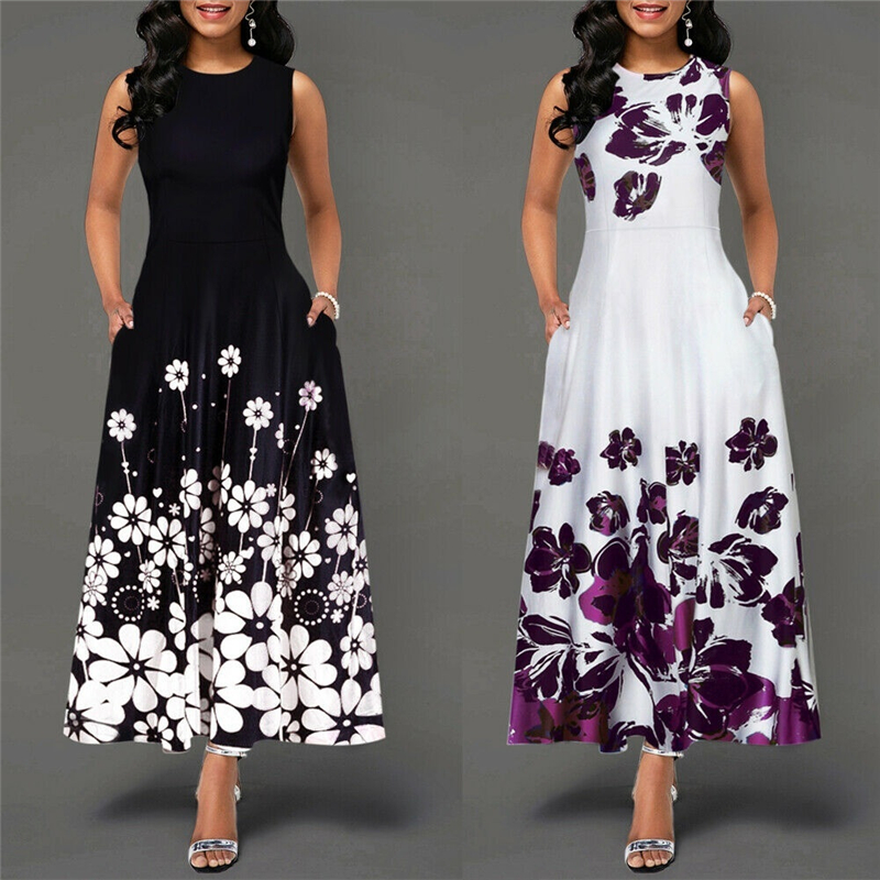 White Sleeveless O Neck Floral Print Women Vestidos Sexy Bodycon Dress Summer Boho Maxi Dresses Sexy Office Dress Lady-image-700391105