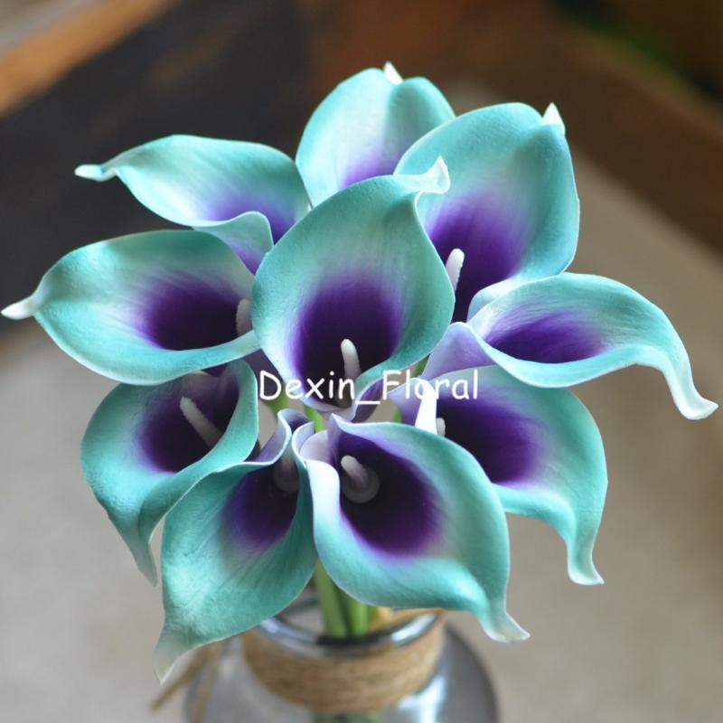 

Teal Purple Picasso Calla Lilies Real Touch Flowers For Silk Wedding Bouquets, Artificial Lily Decorative & Wreaths, Teal pruple