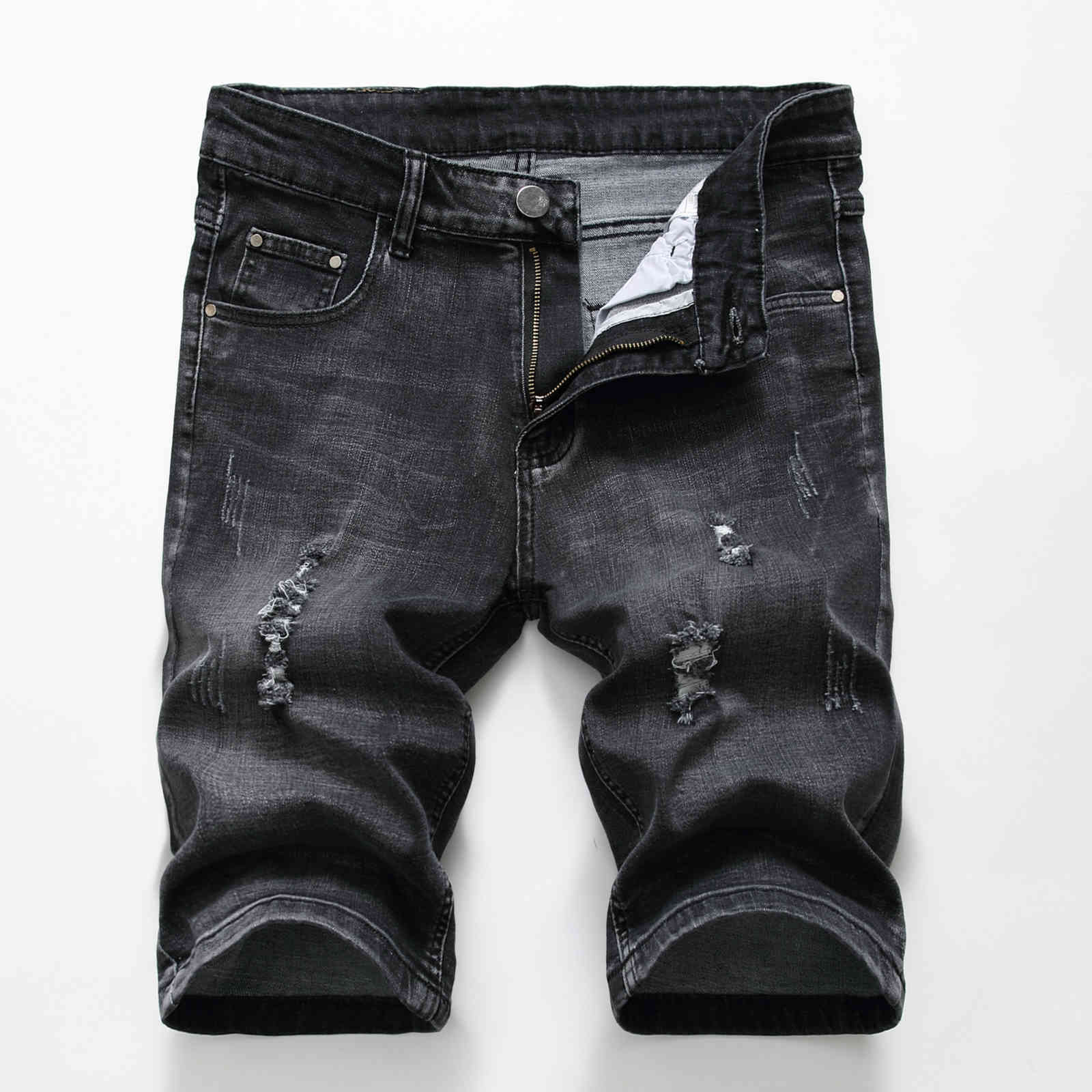 

knee length mens denim short jeans zipped straight hole worn out thin summer casual style urban wind pants, Blue