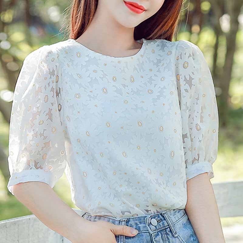 

Blouse Women Short Sleeve White Blouse Women Shirts O-neck Lace Chiffon Blouse Shirt Women Tops Blusas Camisas Mujer D229 210602, Yellow flower