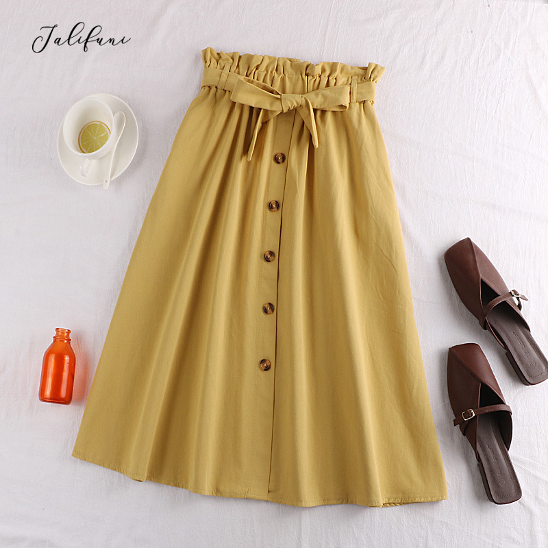 Lady Leisure Bow Tie Pleated Skirt Spring Summer New Arrival Womens Midi Knee Length Korean Elegant Button High Waist Skirt 210415