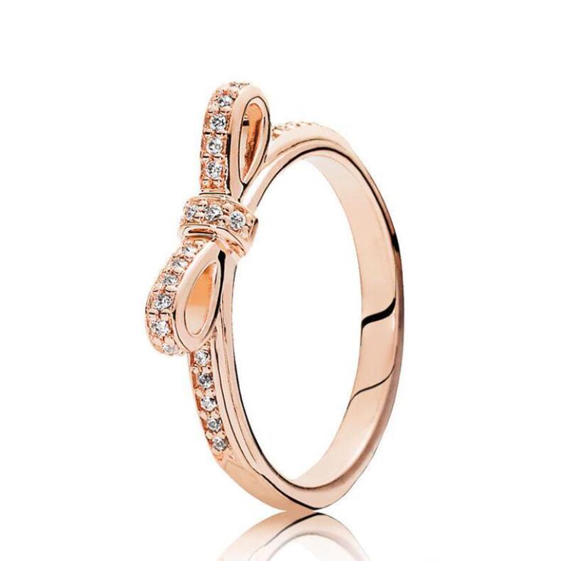 

925 Sterling Silver Shiny Bow Ring Pandora European Style Ladies Wedding CZ Diamond Bow 18K Rose Gold Ring